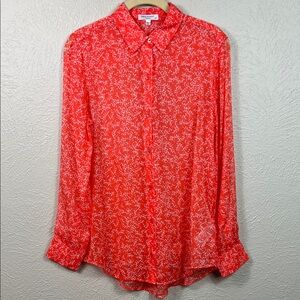 Equipment Silk Orange White Allover Print Semi Sheer Long Sleeve Blouse Small